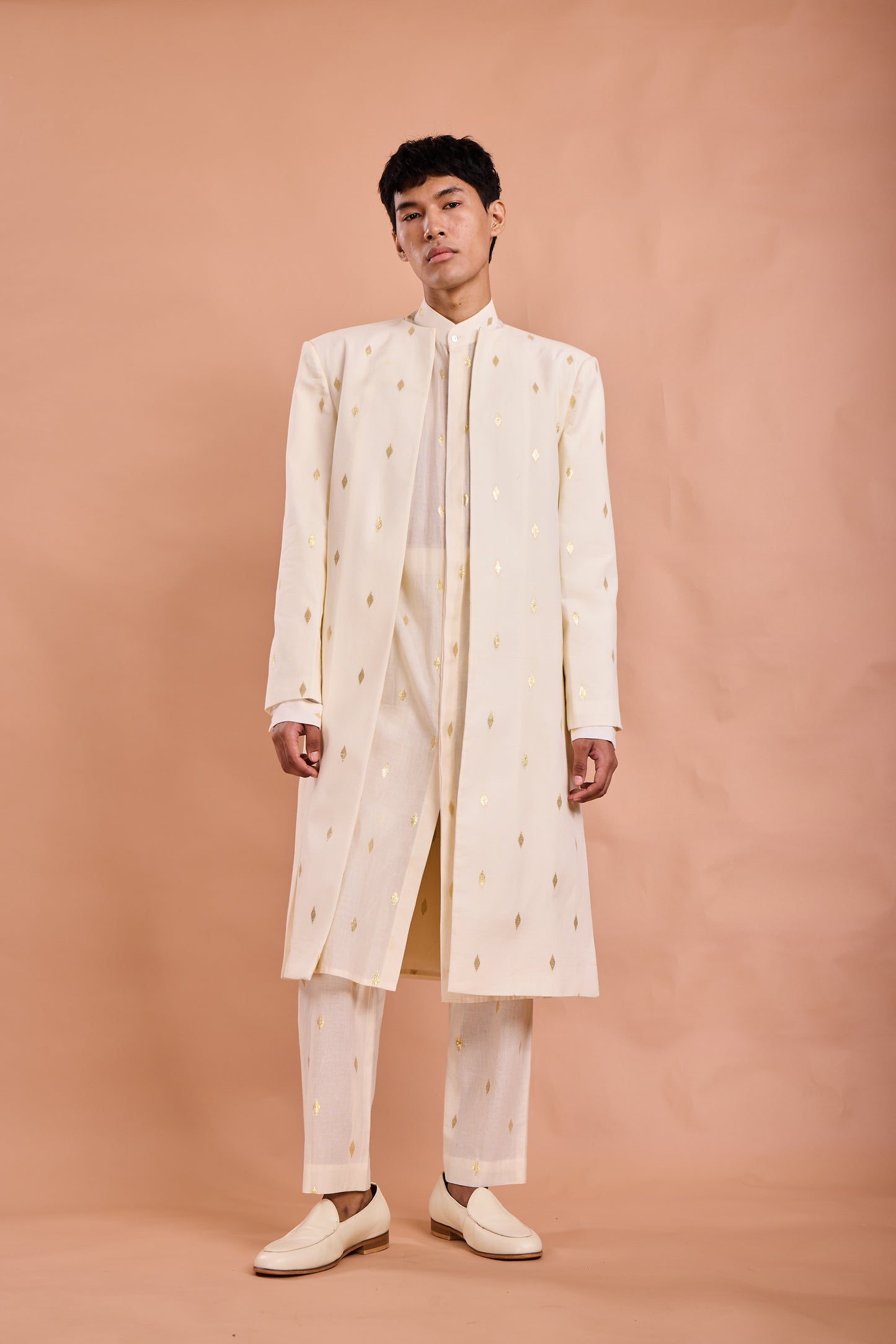 Cream Textured Layered Indo-Western Set