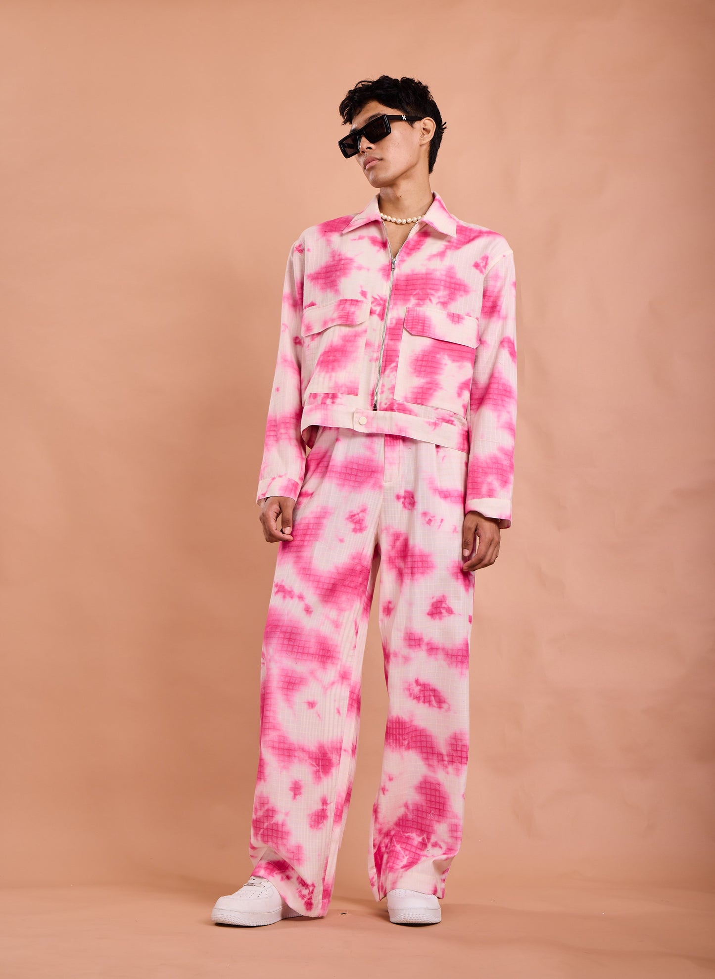 Pink Tie-Dye Belted Jacket & Wide-Leg Co-Ord Set