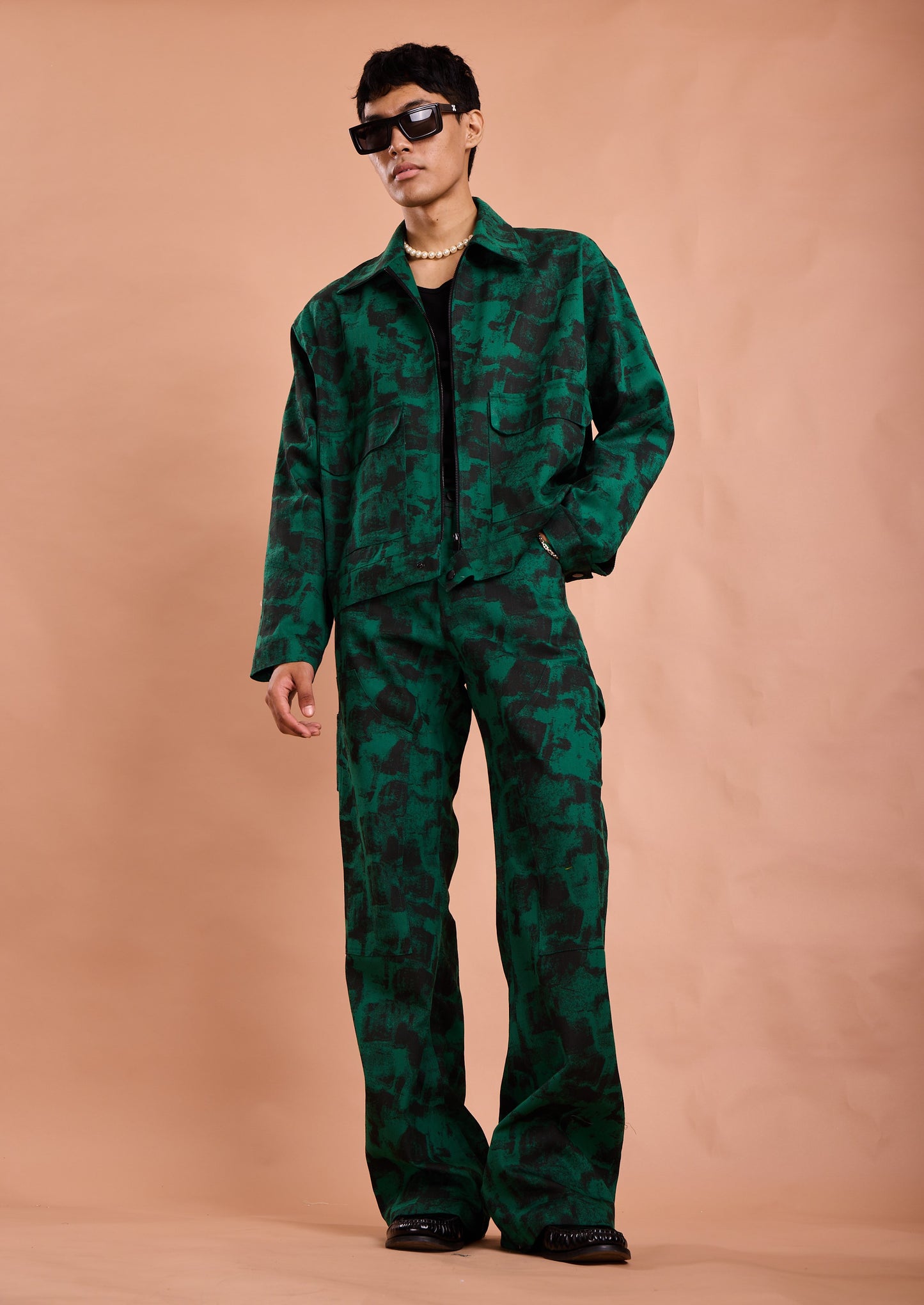 Emerald Brushstroke Utility Jacket & Wide-Leg Co-Ord Set