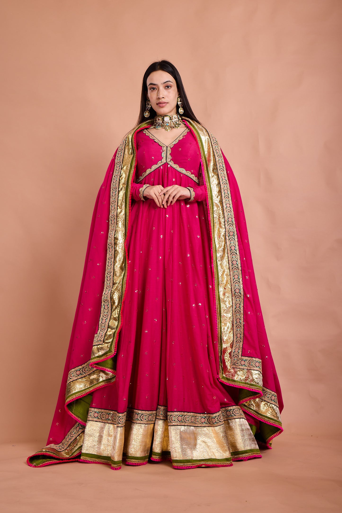 Rani Pink Zari & Mirror Work Anarkali Set with Dupatta
