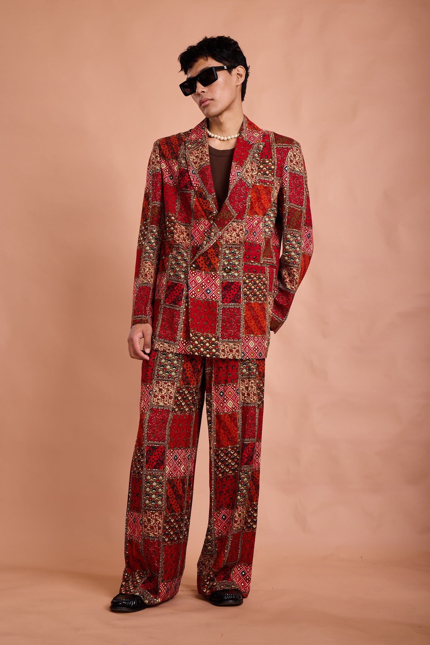 Red Patchwork Brocade Indo-Western Suit Set