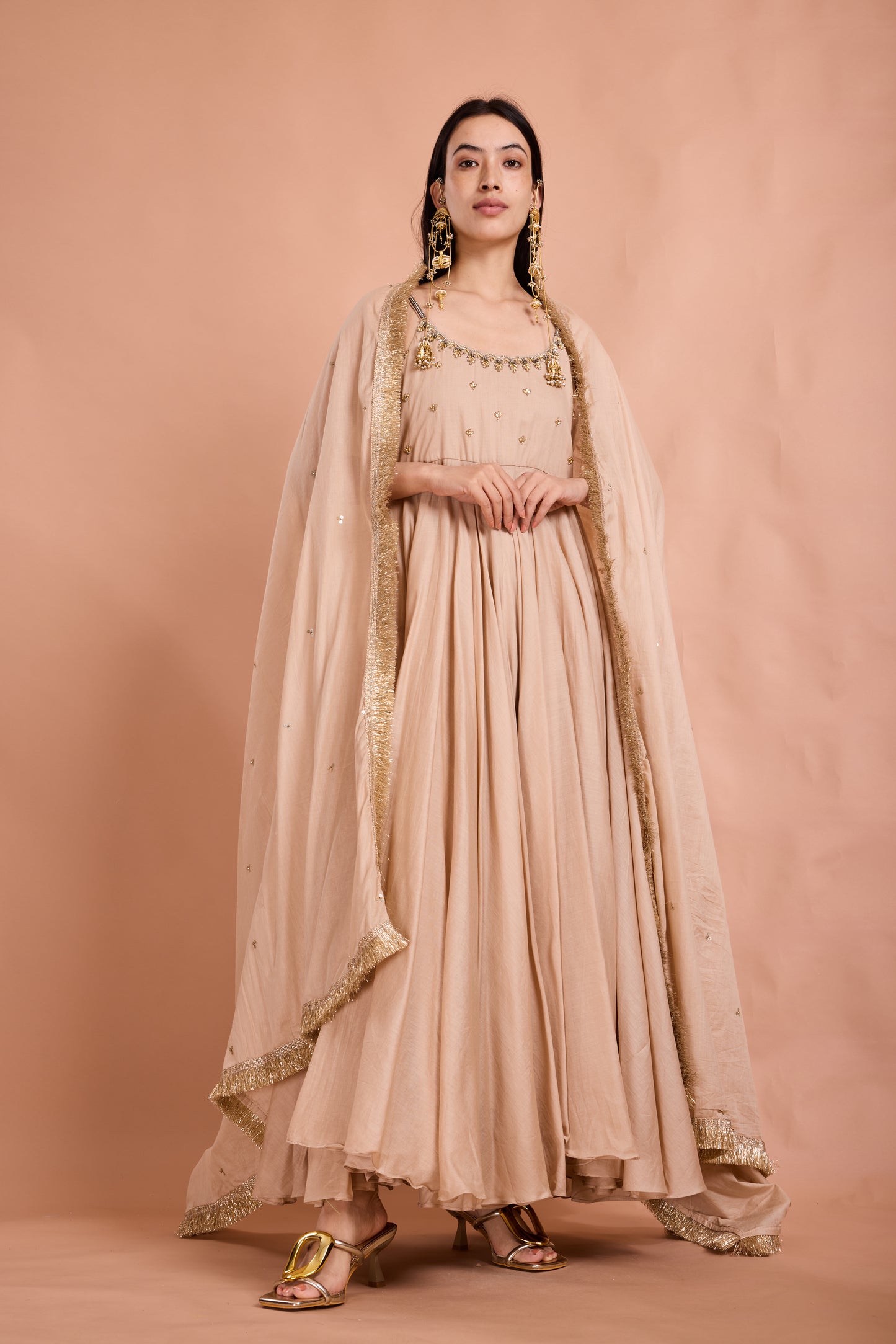 Champagne Gold Embellished Anarkali Set with Sequined Dupatta