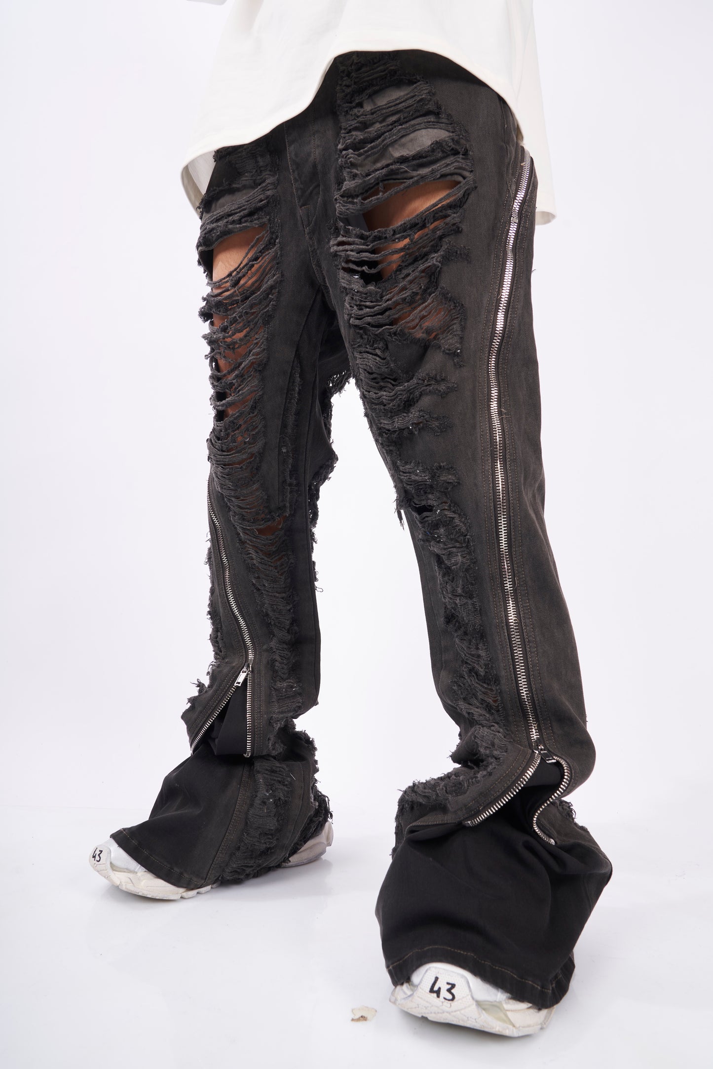 Black Extreme Shred Zipper Stacked Pants