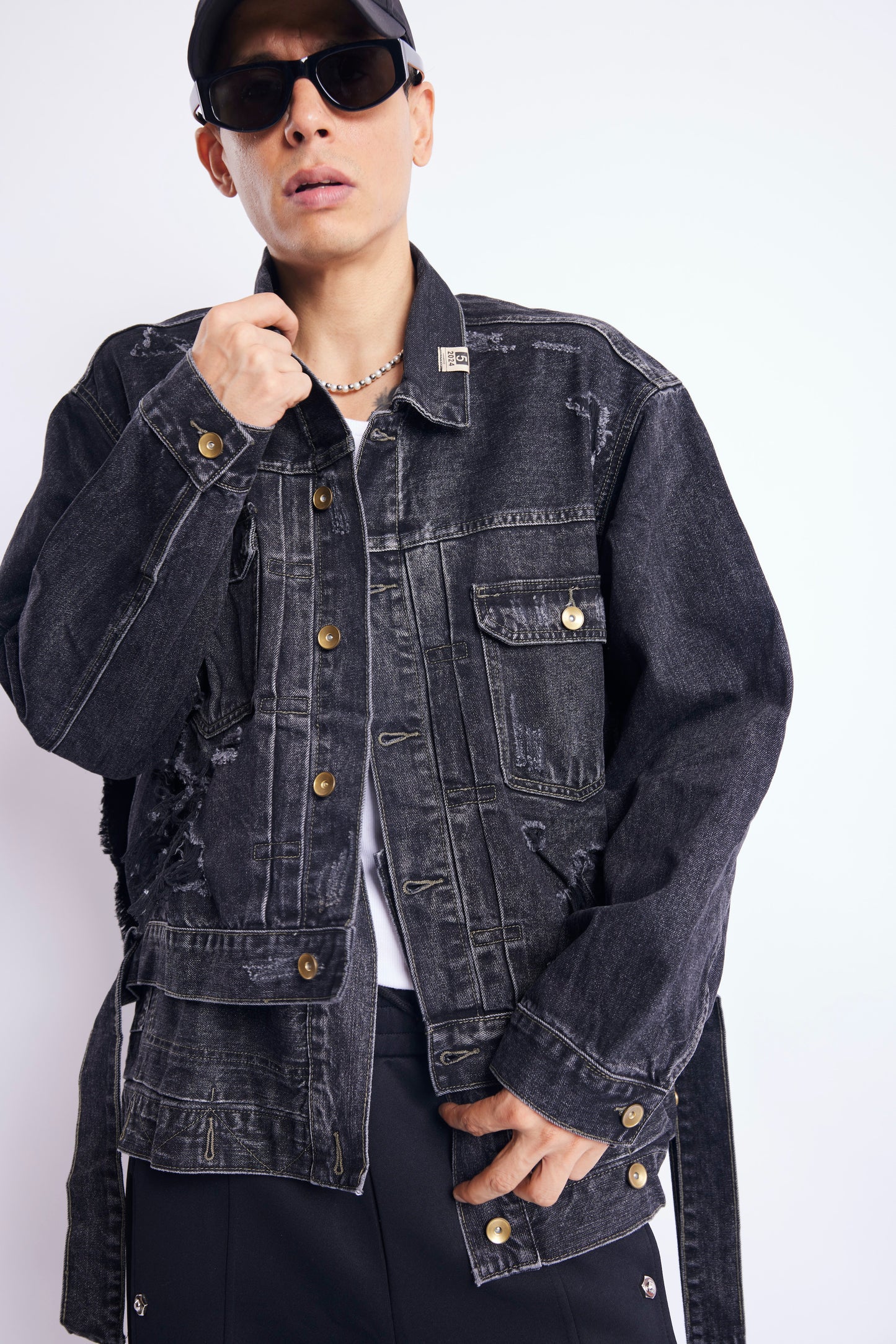 Black Vintage-Wash Distressed Denim Jacket