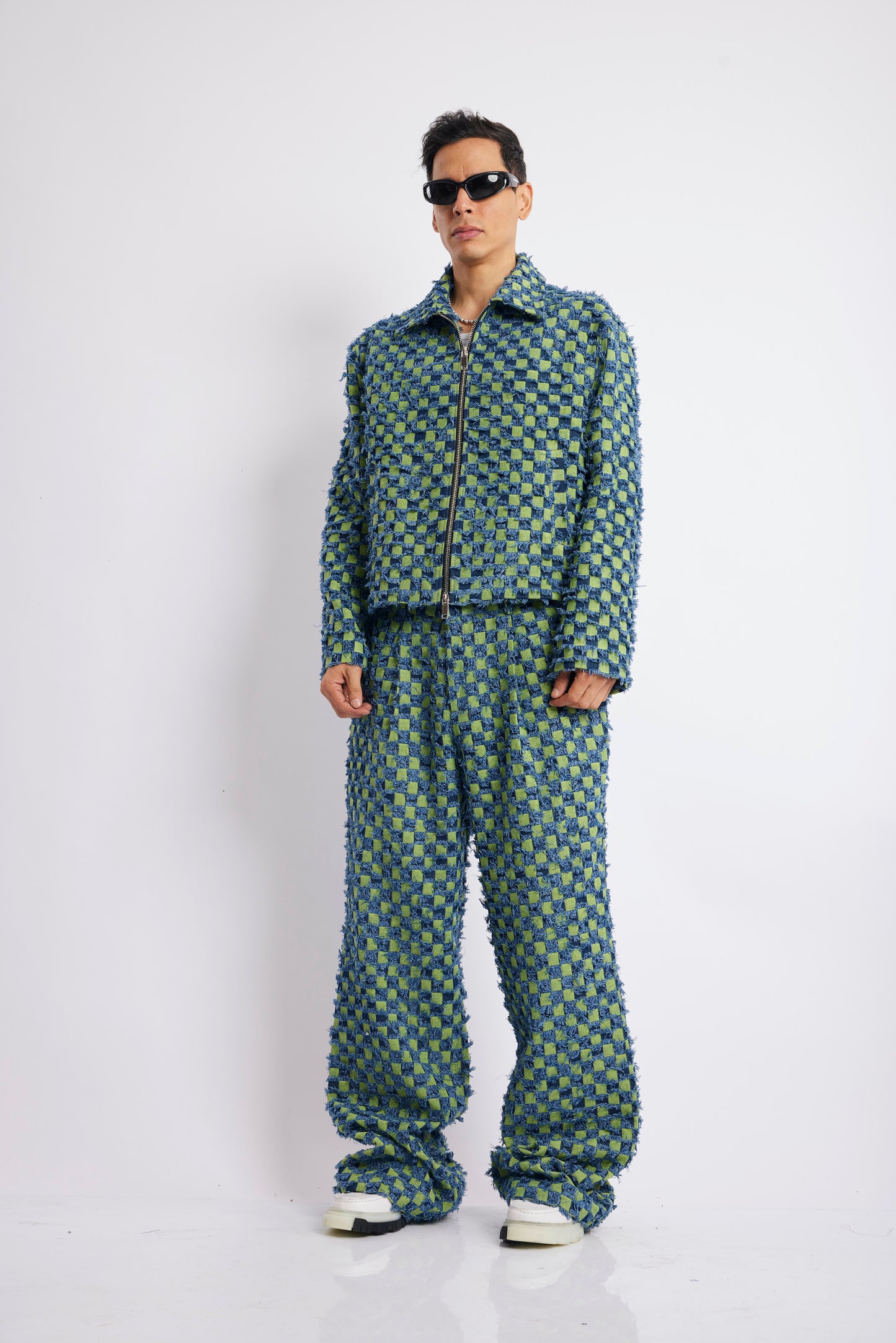 Blue–Green Textured Checkered Coord Set