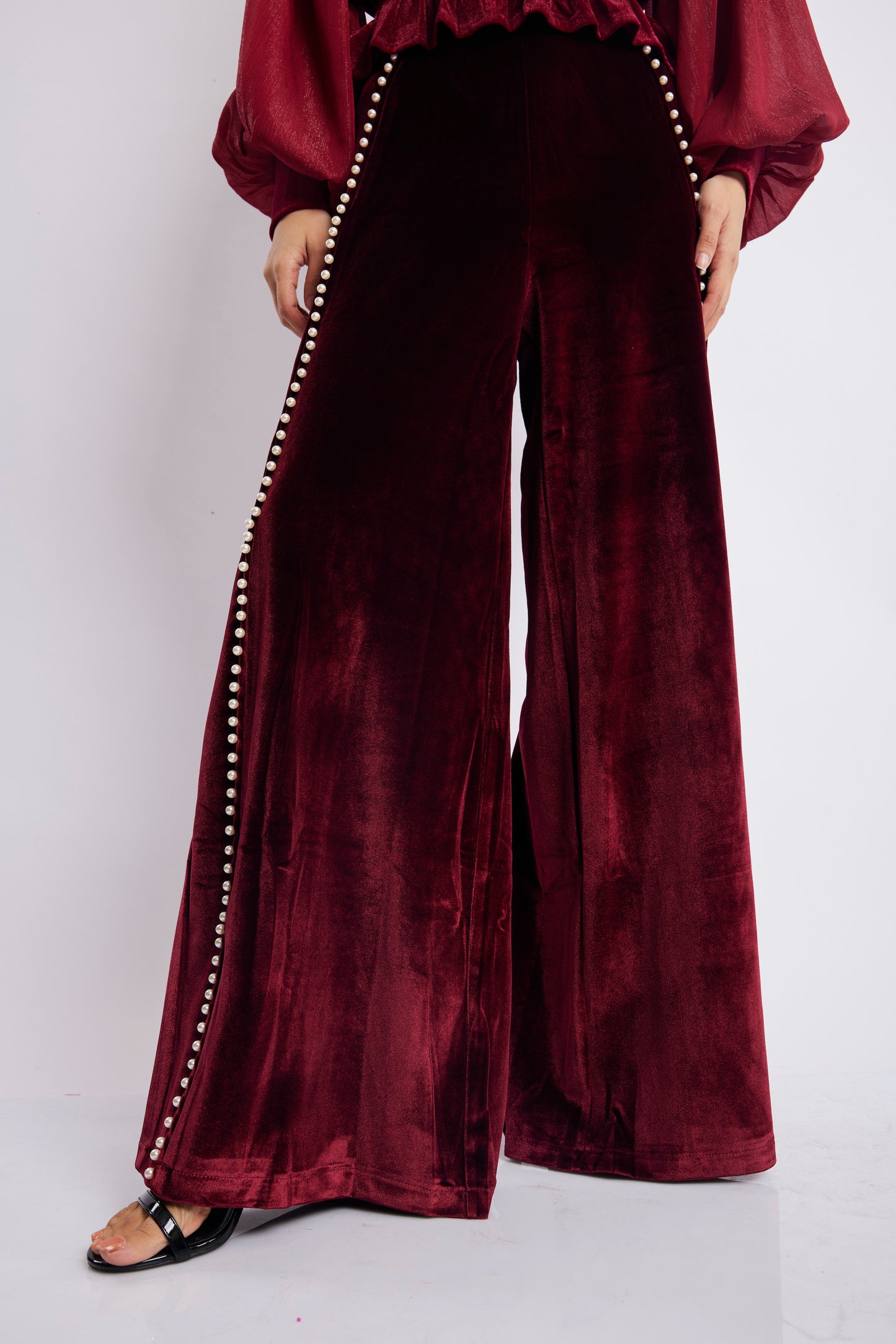 Burgundy Velvet Pearl-Trim Flared Pants