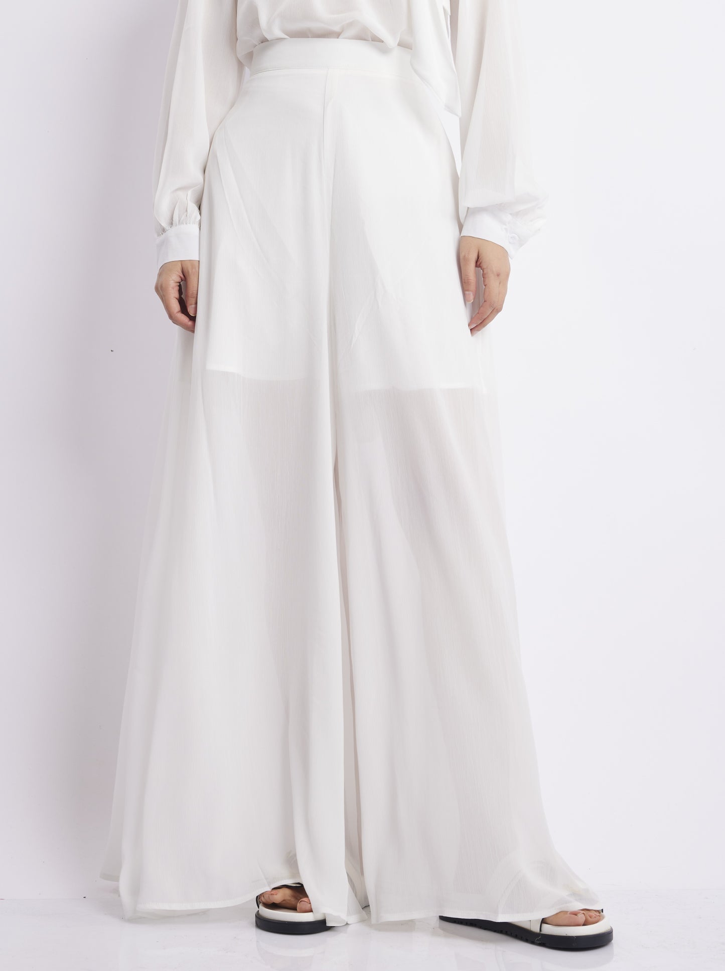 White Flowy Chiffon Wide-Leg Palazzo Pants