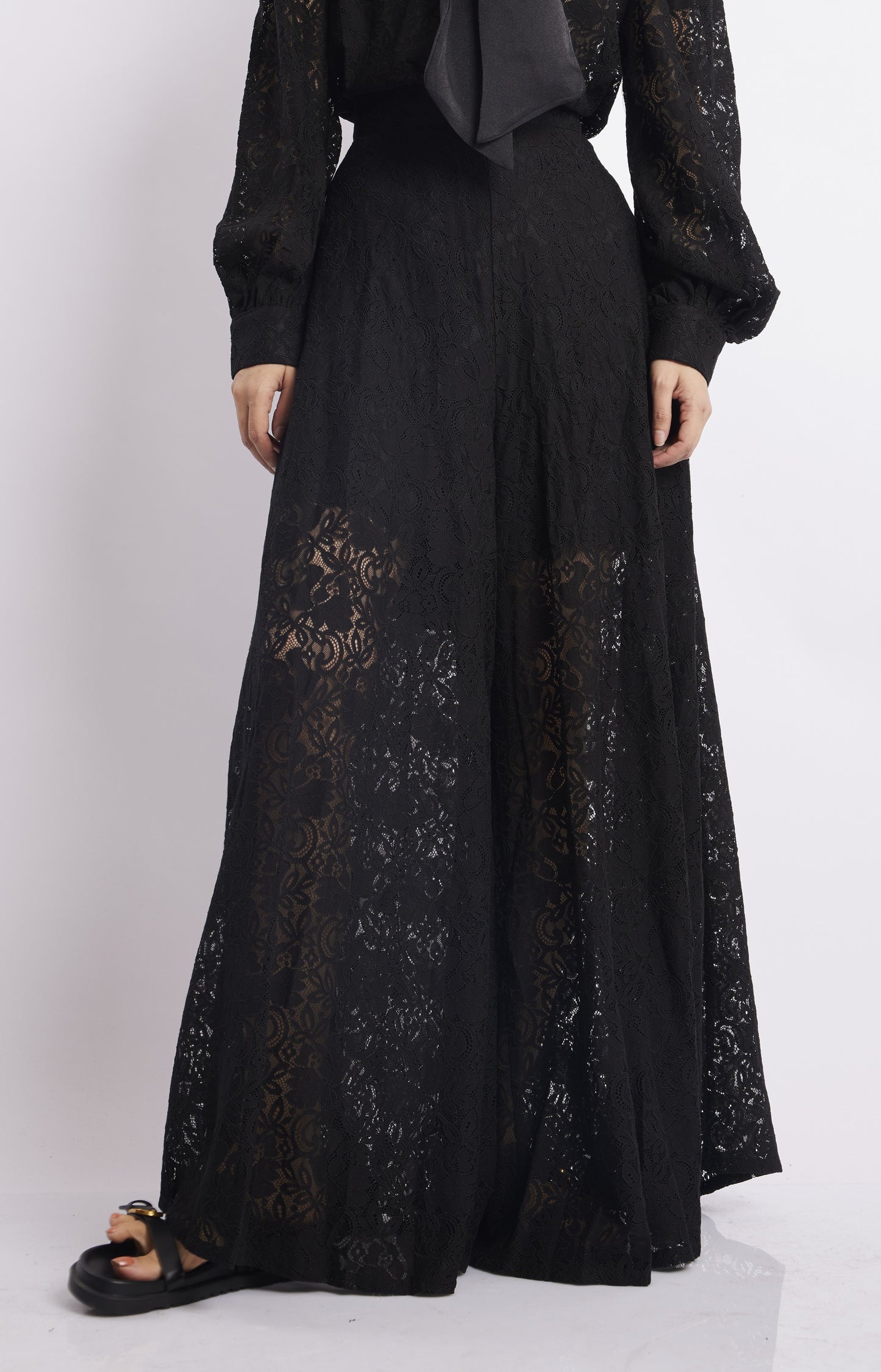 Black Sheer Lace Wide-Leg Palazzo Pants