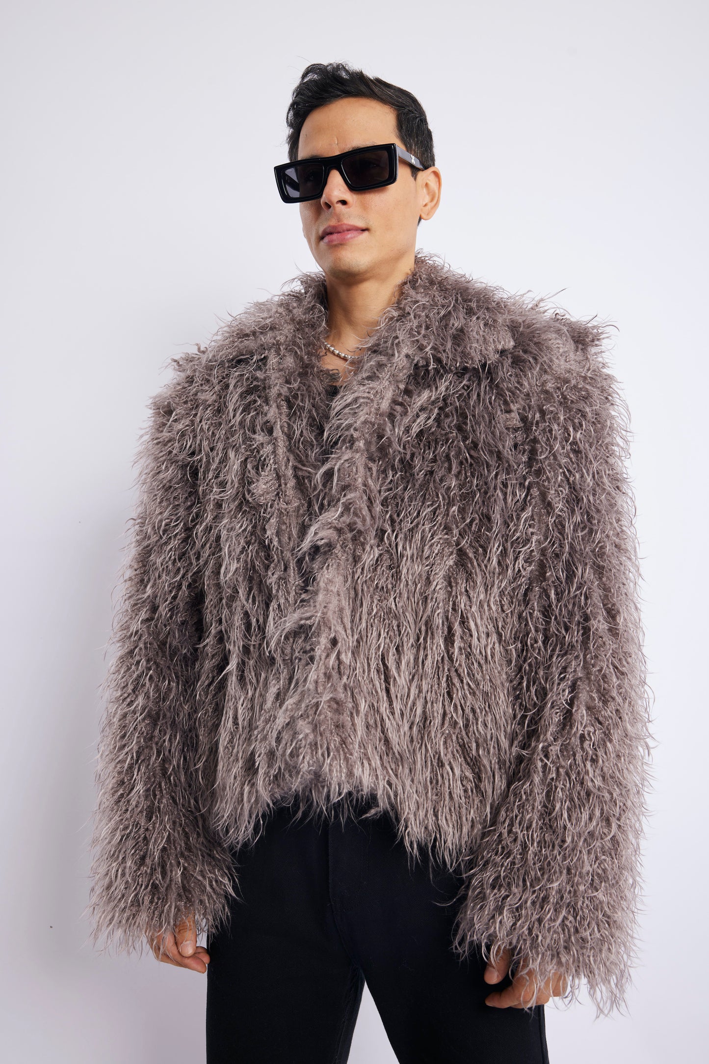 Taupe Long-Hair Faux Fur Oversized Jacket