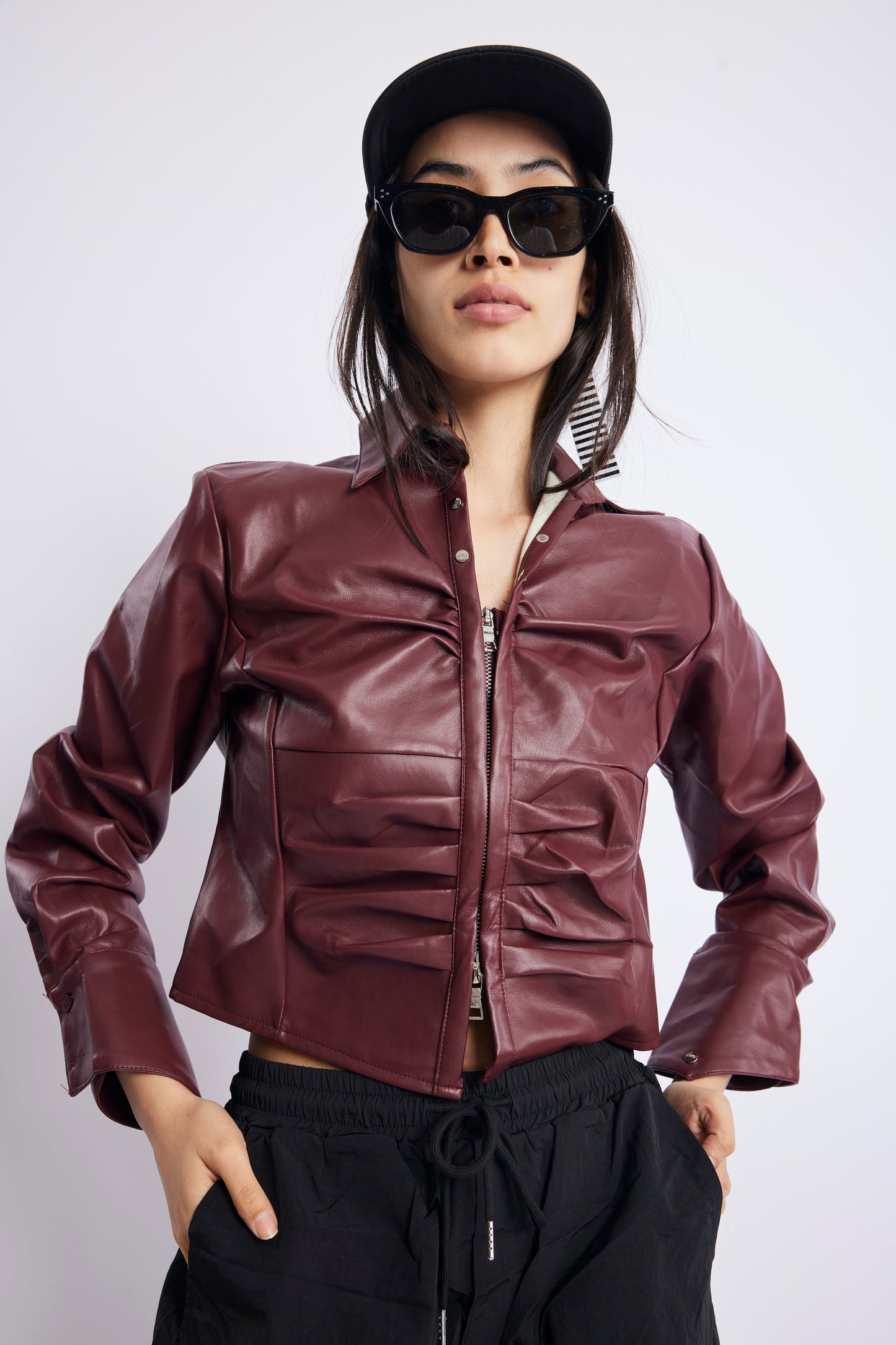 MAROON LEATHER CROP SHIRT