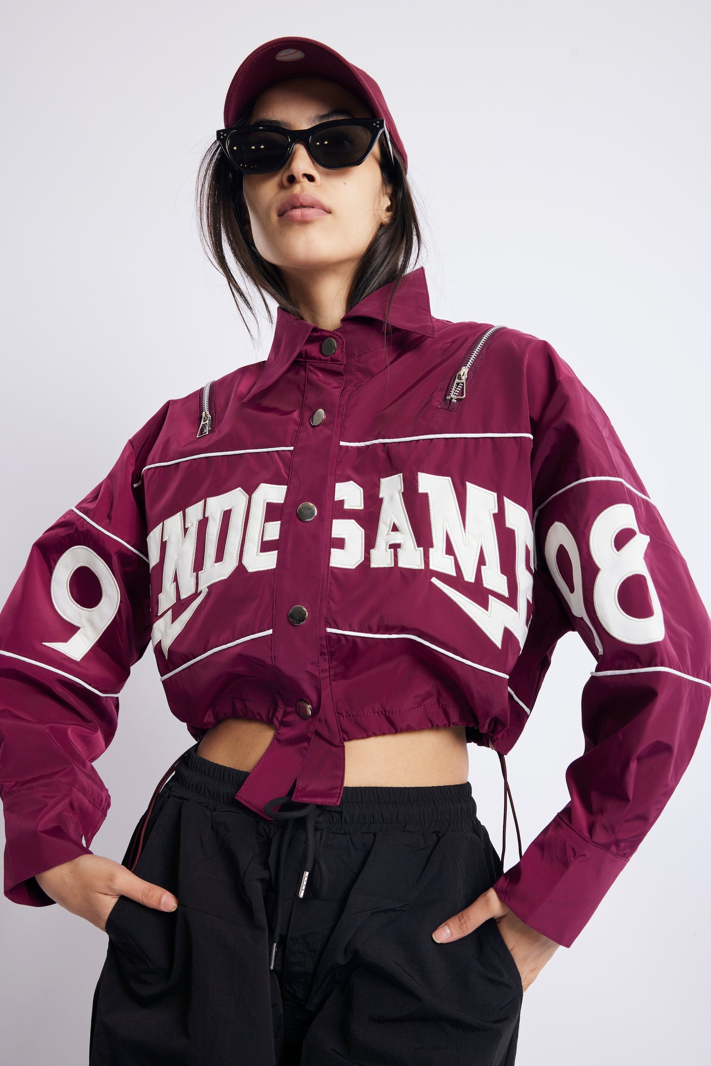 MAROON GRAPHIC CROP JACKET