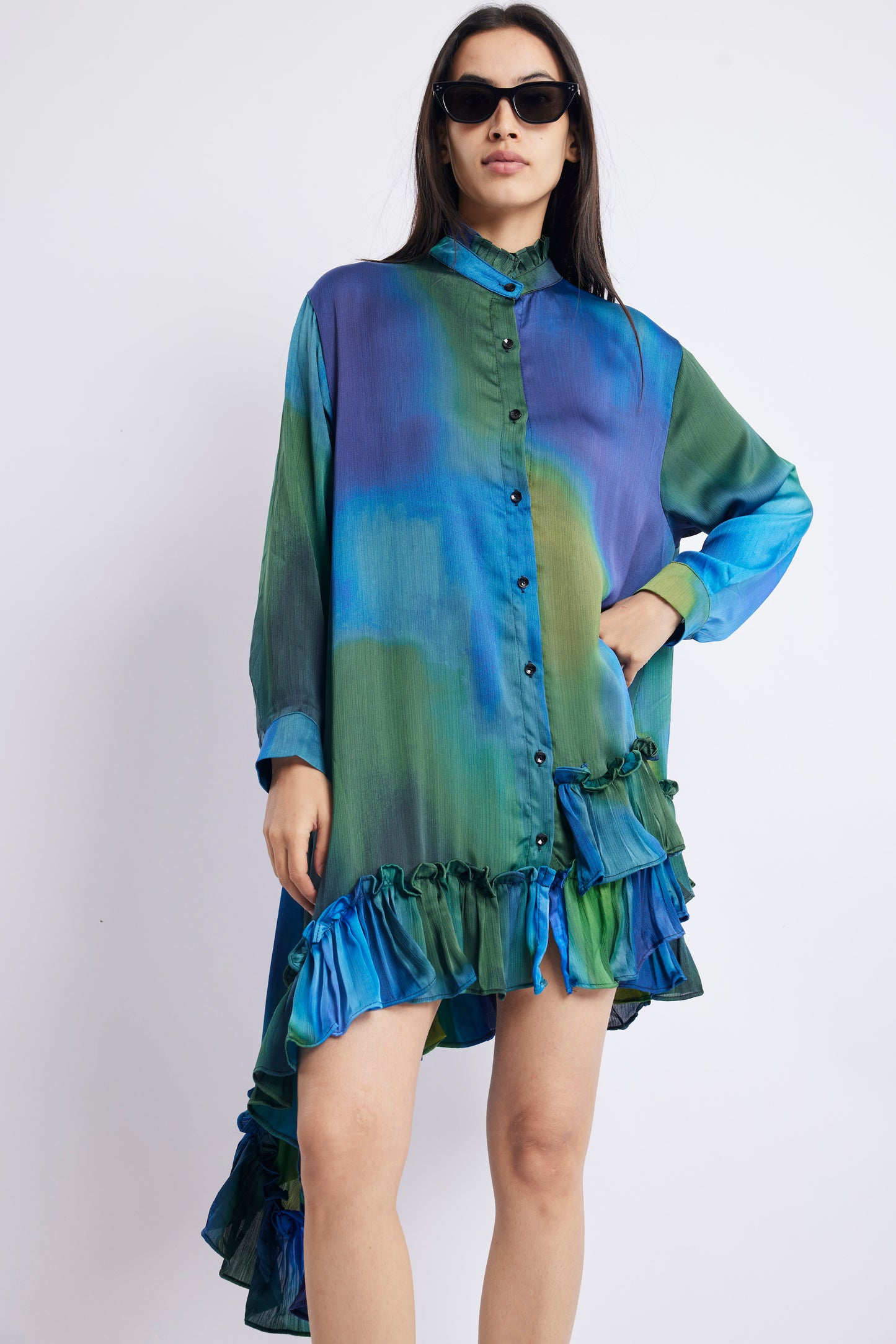 GREEN BLUE TIE DYE SATIN DRESS