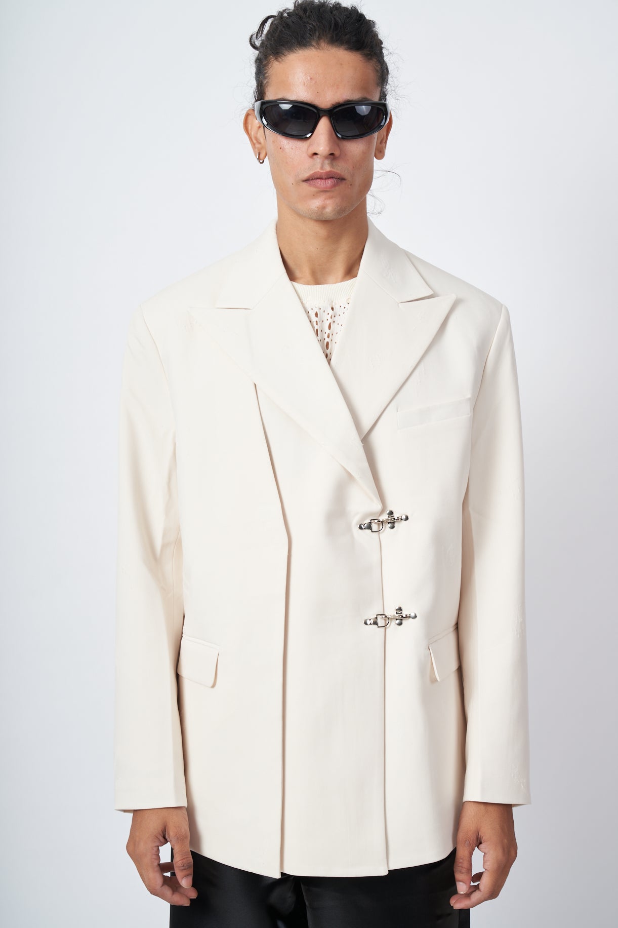 Ivory Double-Breasted Blazer with Metal Hook Closures