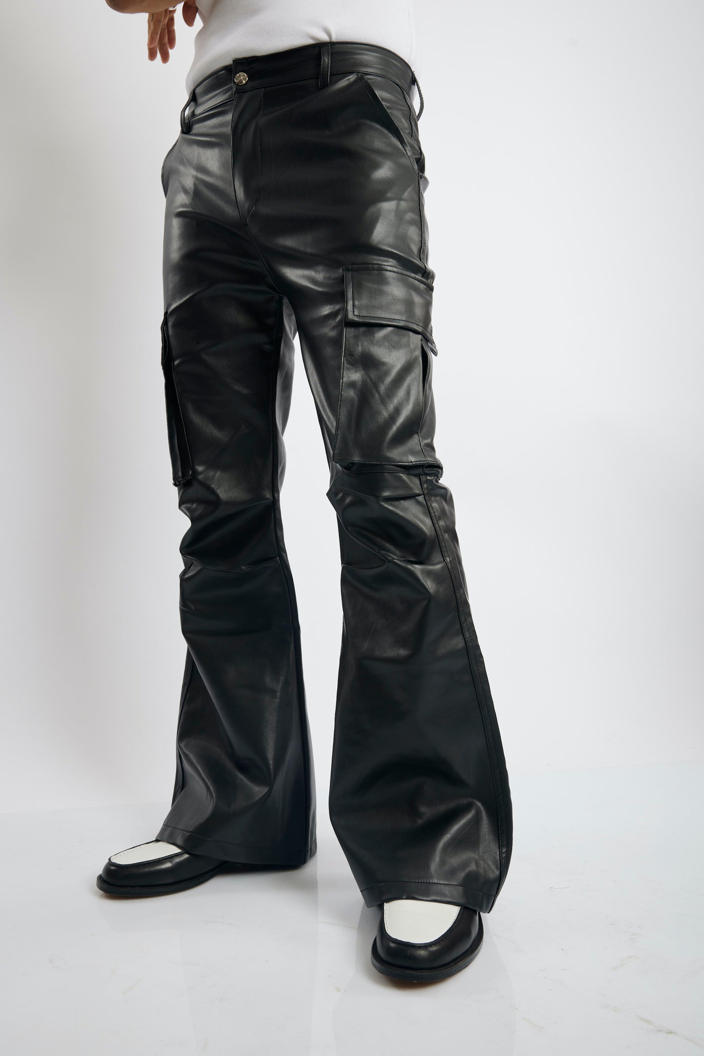 Black Faux Leather Cargo Flare Pants