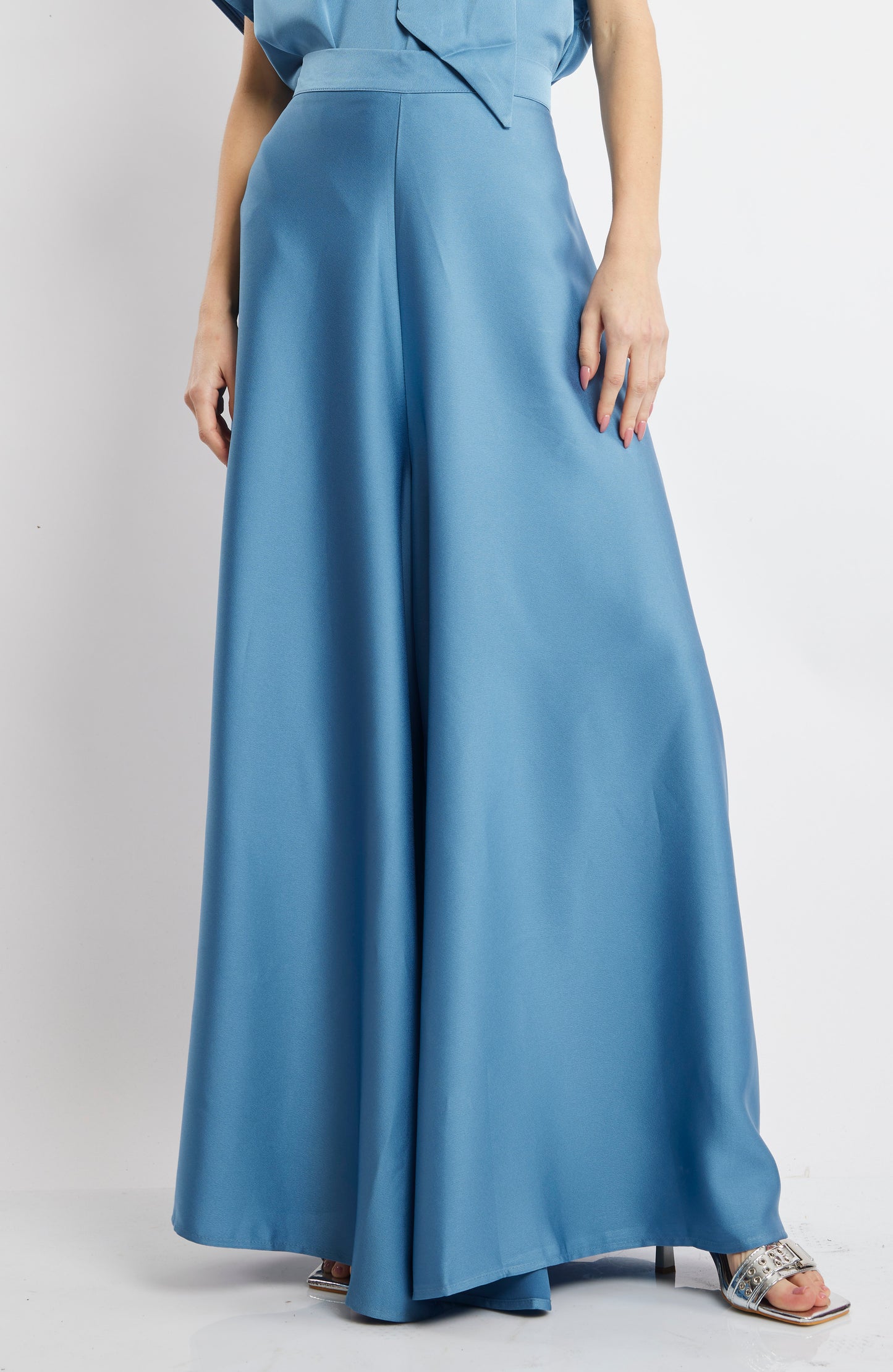 Sky Blue Satin Wide-Leg Pants