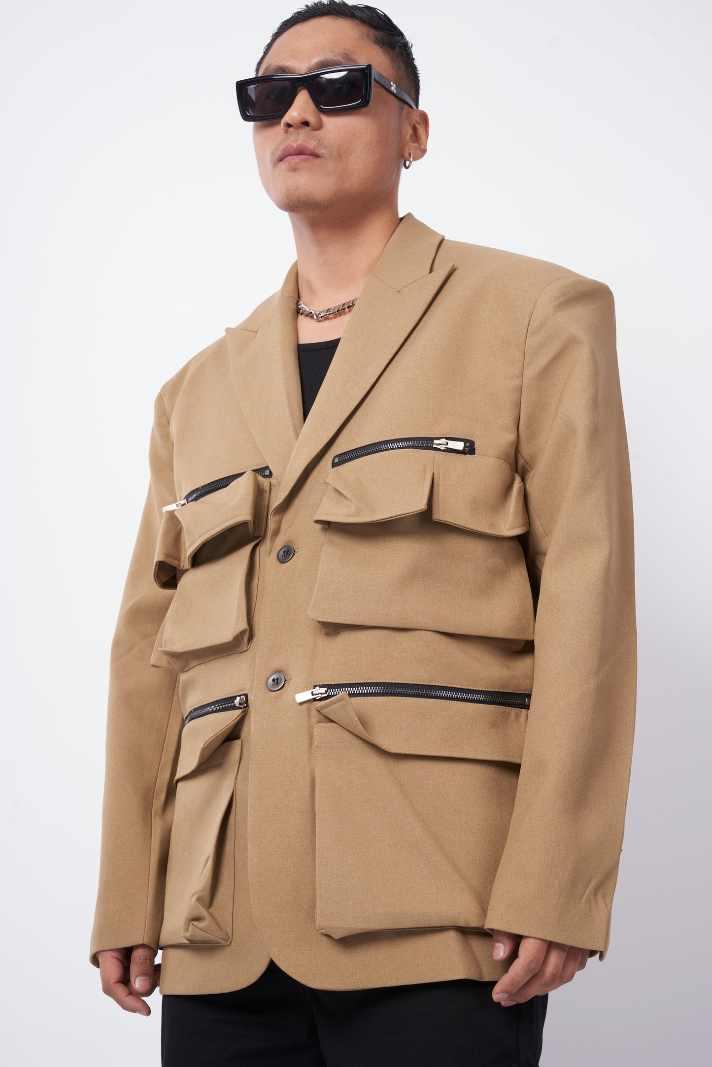 Camel Utility Multi-Pocket Zipper Blazer