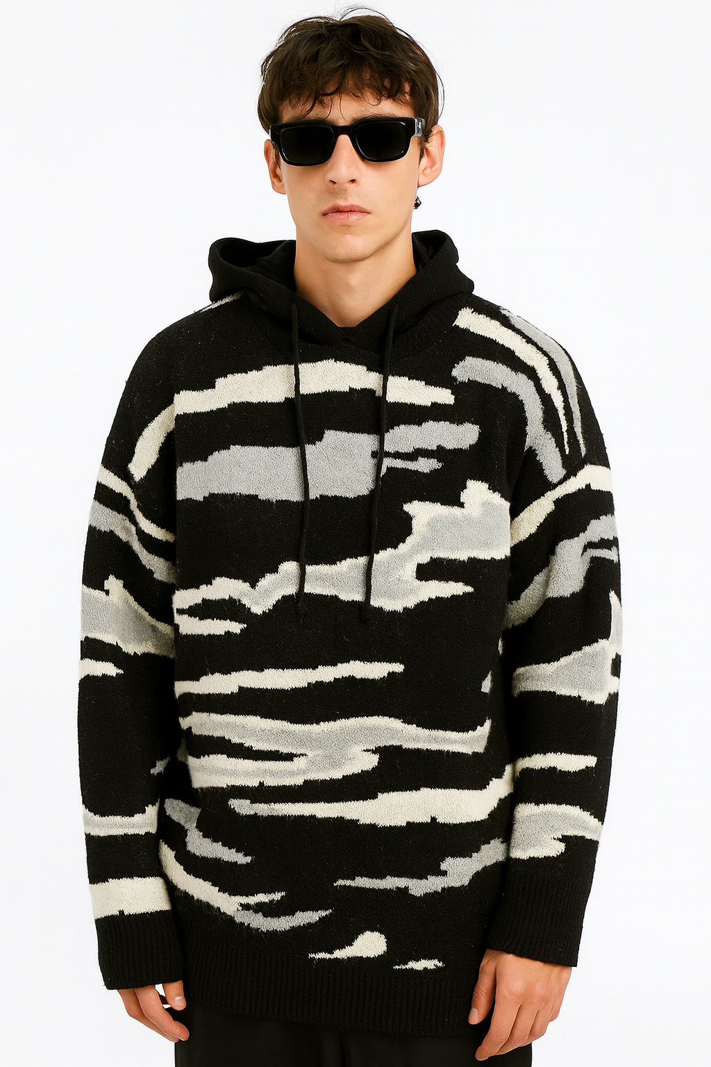 Monochrome Textured Knit Hoodie