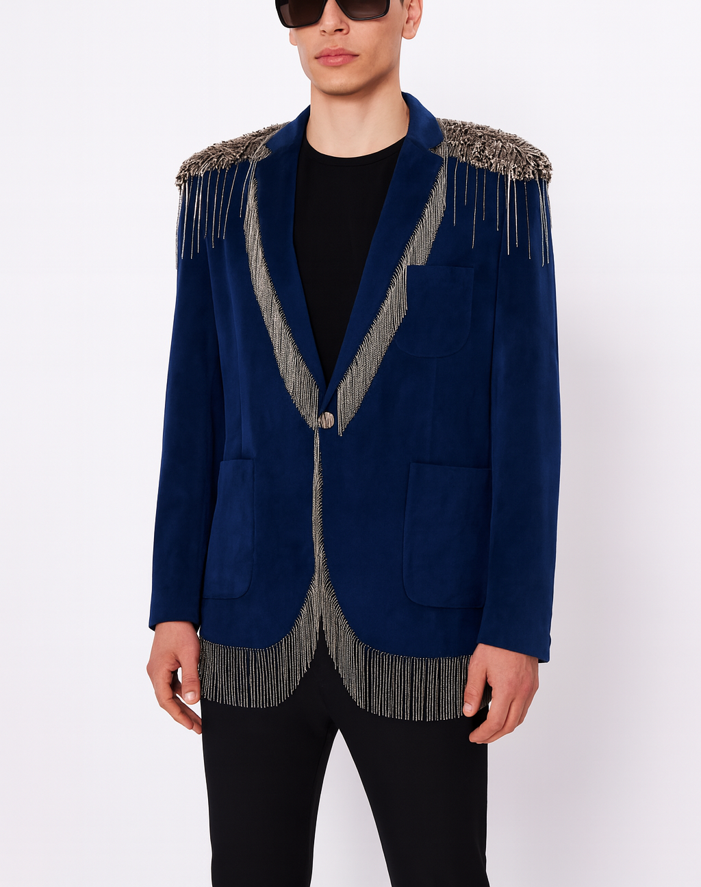 Royal Blue Velvet Blazer with Silver Fringe Detailing