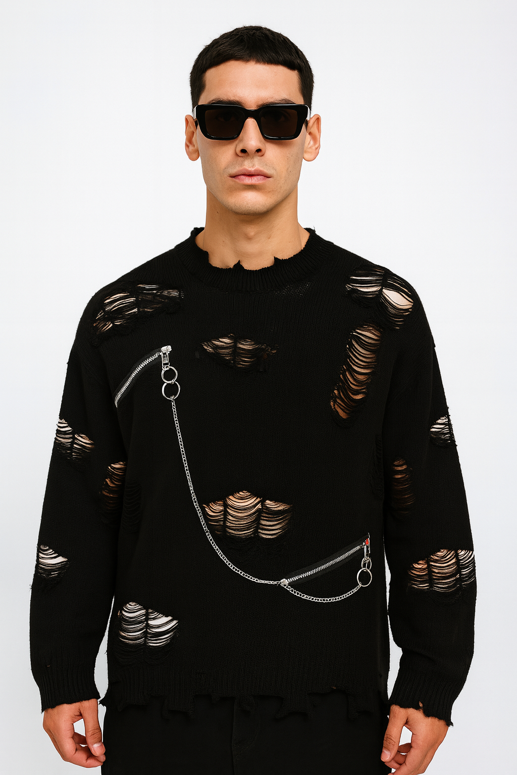 Black Heavy-Distress Chain Detail Knit Jumper