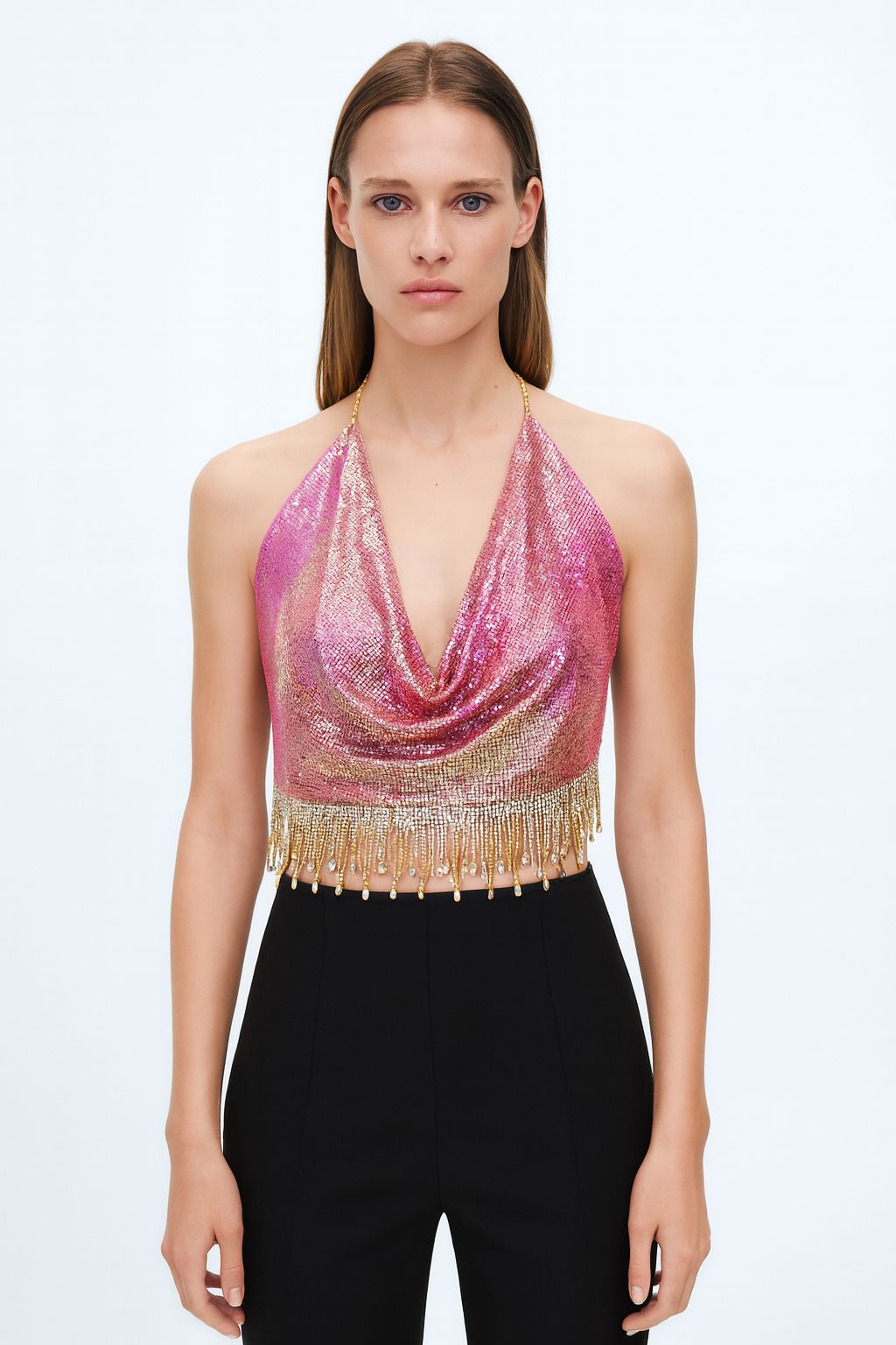 Pink Sequin Halter Top with Beaded Fringe
