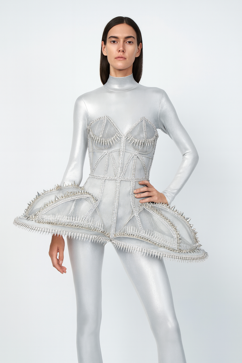 Silver Structured Spiked Corset