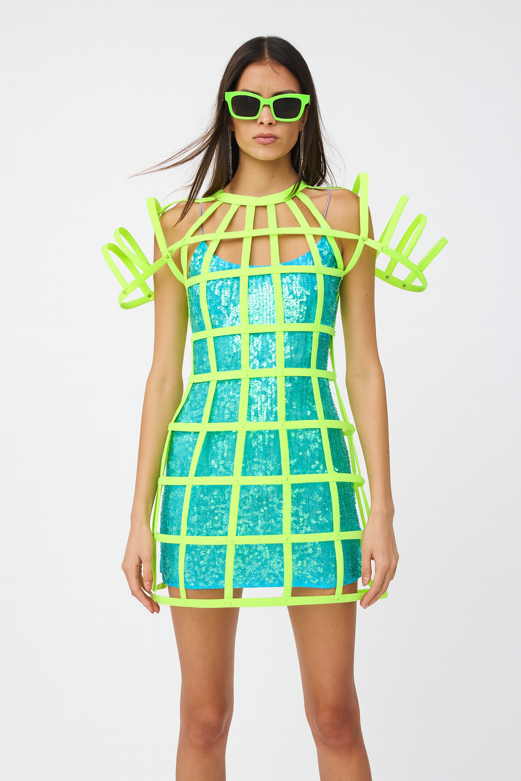 Neon Cage Structured Corset Dress