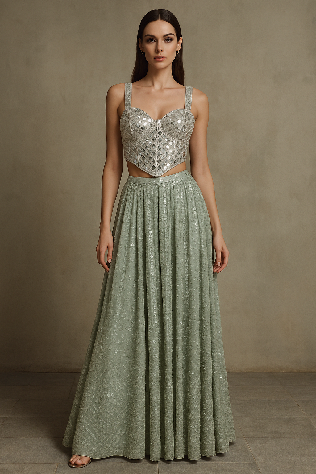 Sage Mirror Work Lehenga Set