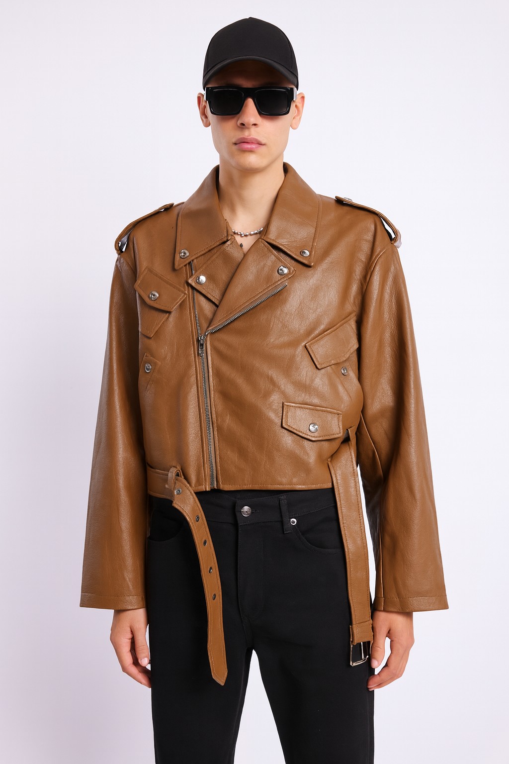 Tan Cropped Moto Leather Jacket