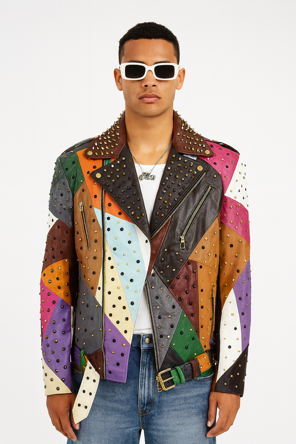 Multicolor Studded Patchwork Leather Biker Jacket