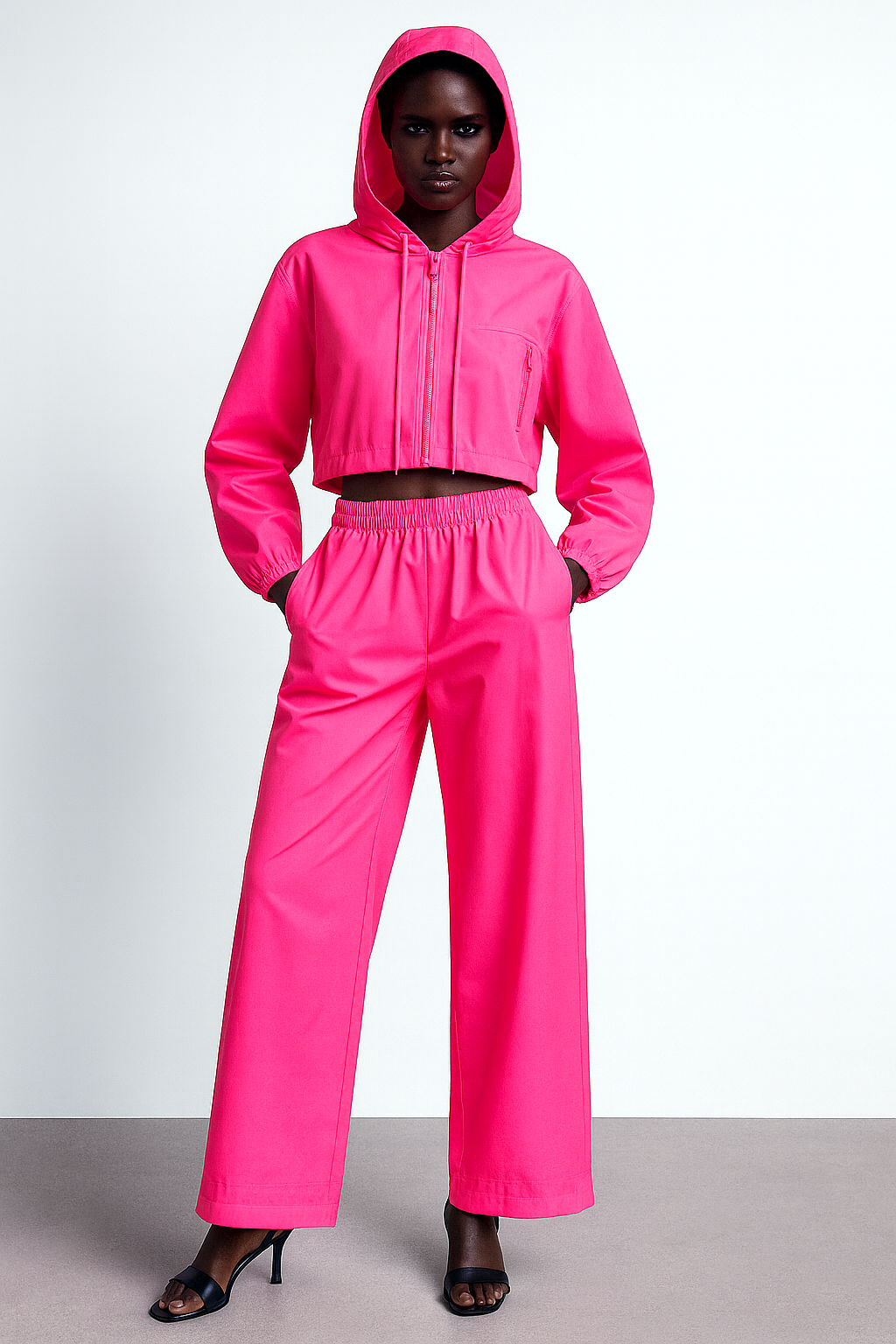 Hot Pink Cropped Hoodie Pant Set