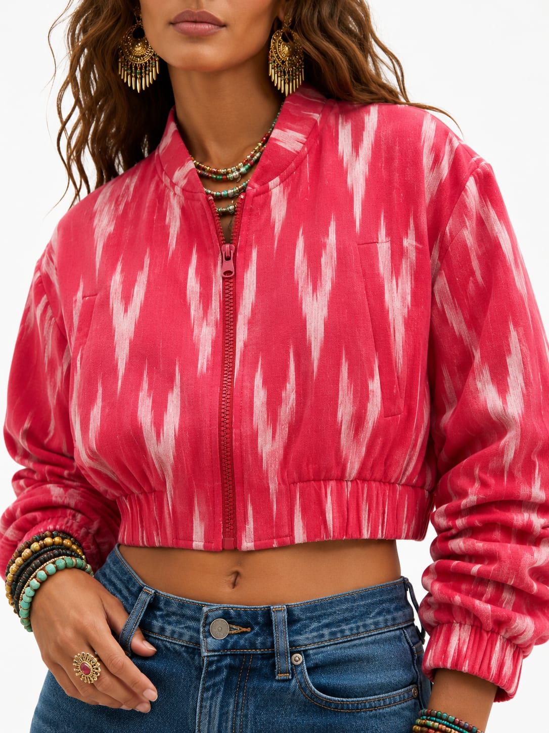 Pink Ikat Crop Bomber Jacket