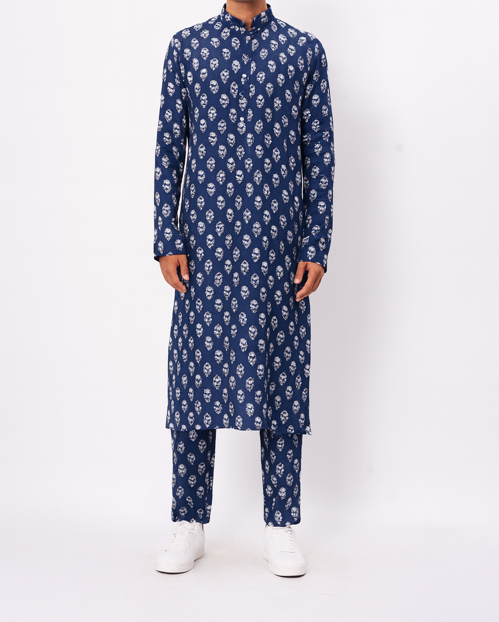 Navy Blue Floral Block-Print Kurta