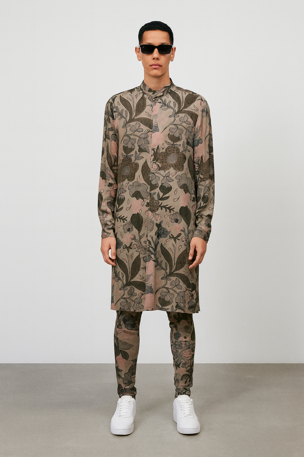 Muted Olive Botanical Print Long Kurta