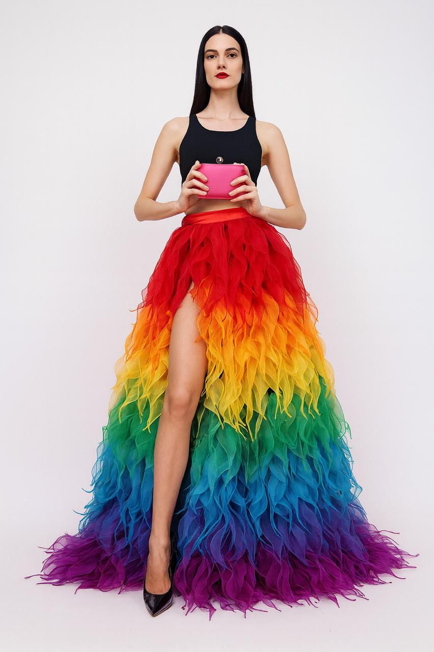 Rainbow Feathered Organza Skirt