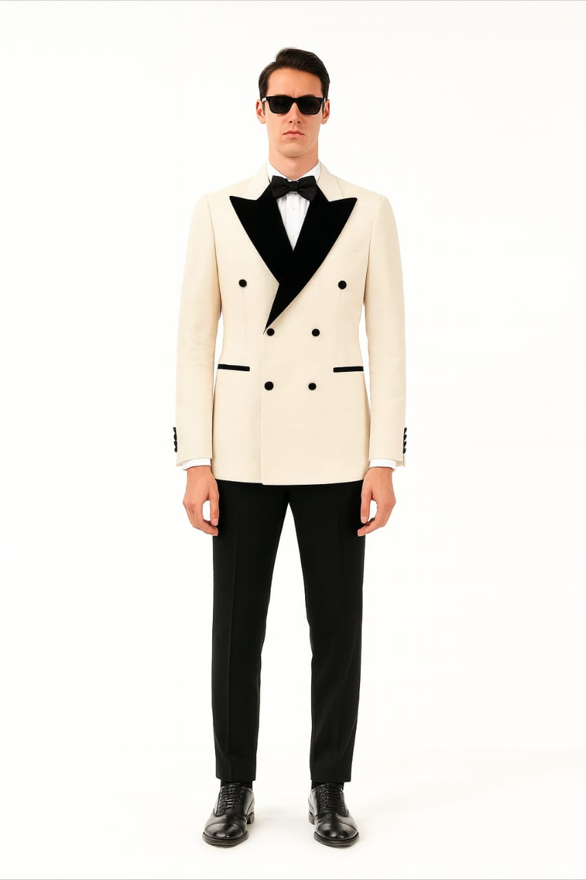 Ivory Black Velvet Lapel Double-Breasted Suit