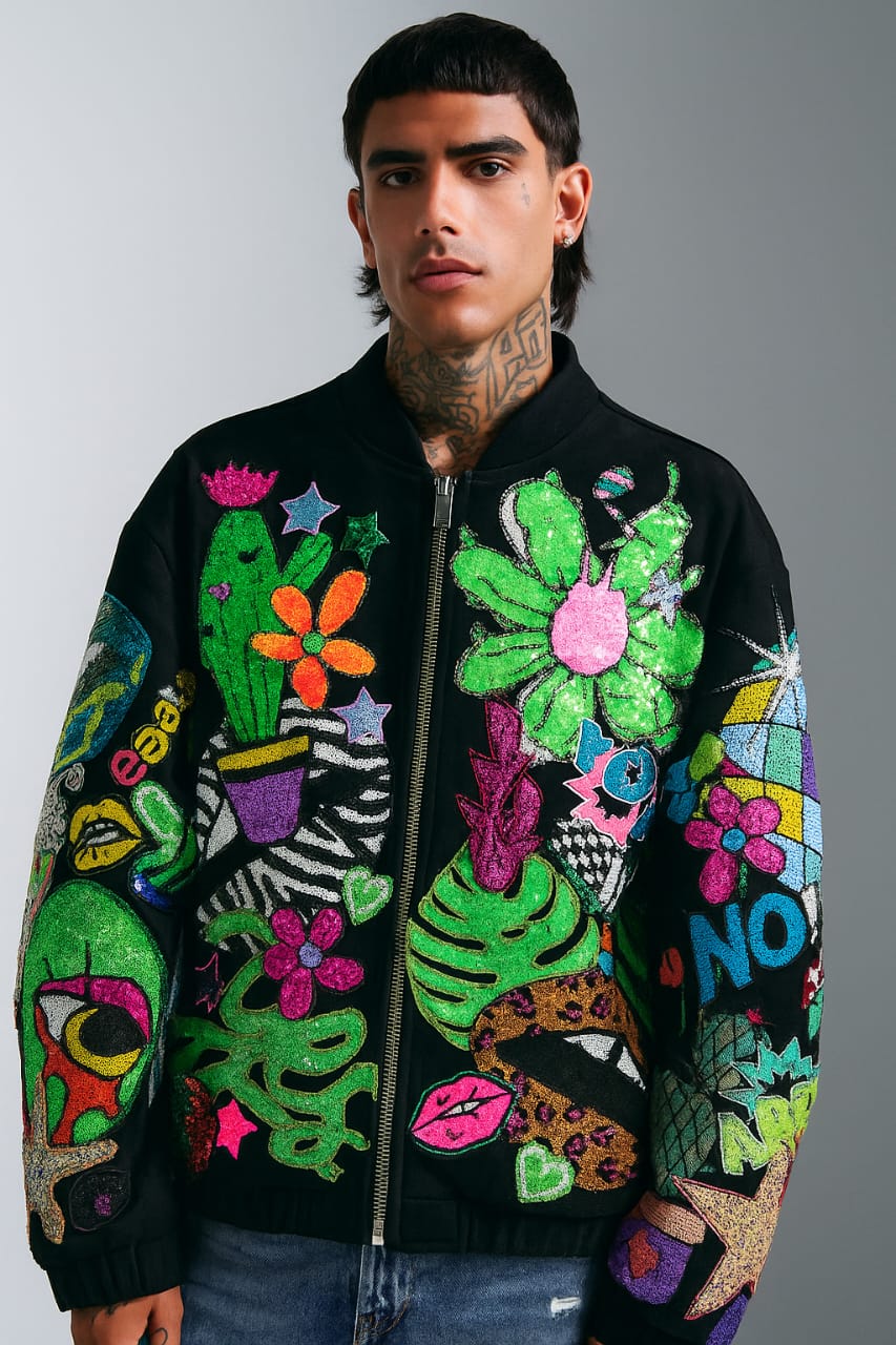Neon Pop-Art Sequin Bomber Jacket