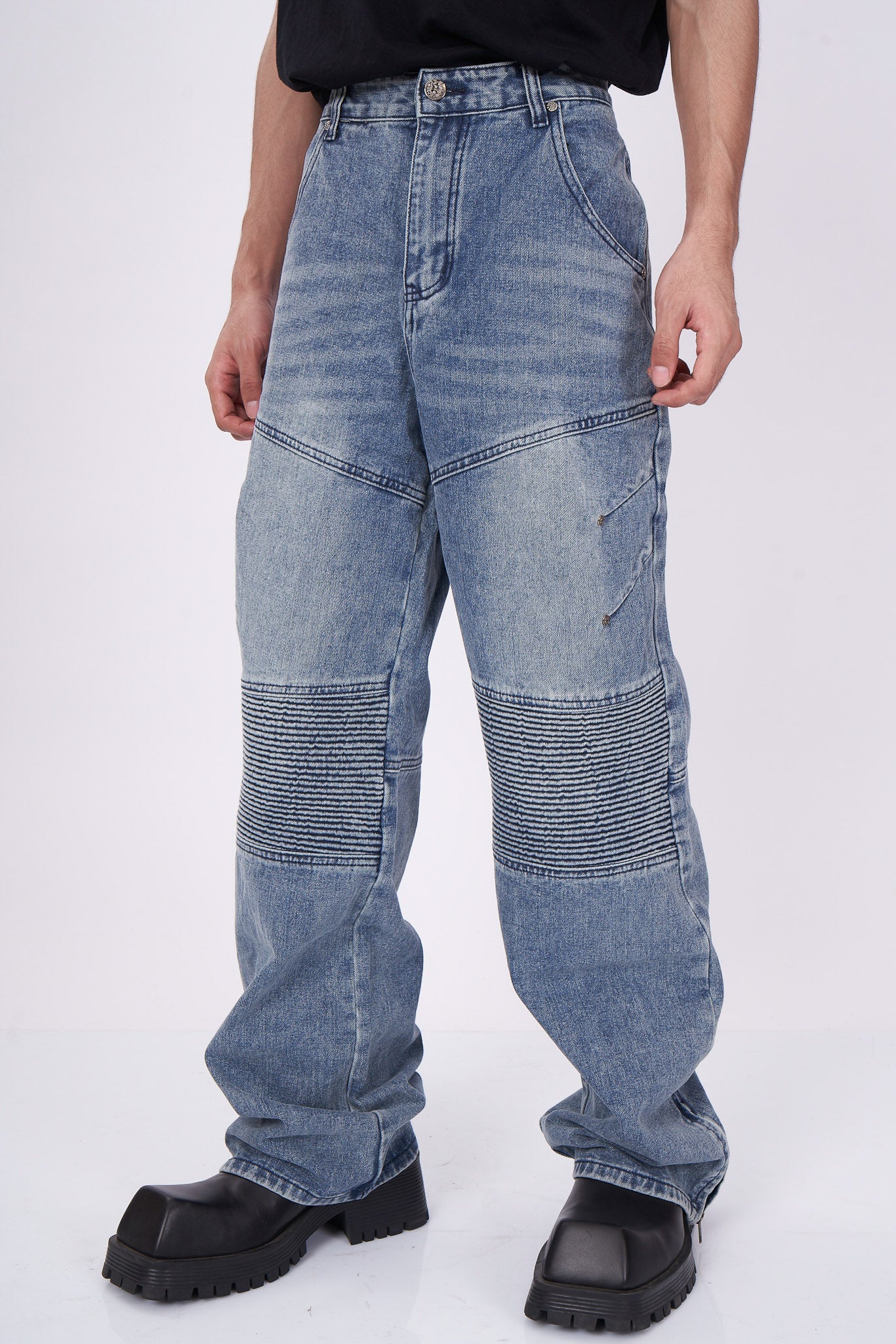 Blue Panelled Moto-Style Wide Leg Jeans