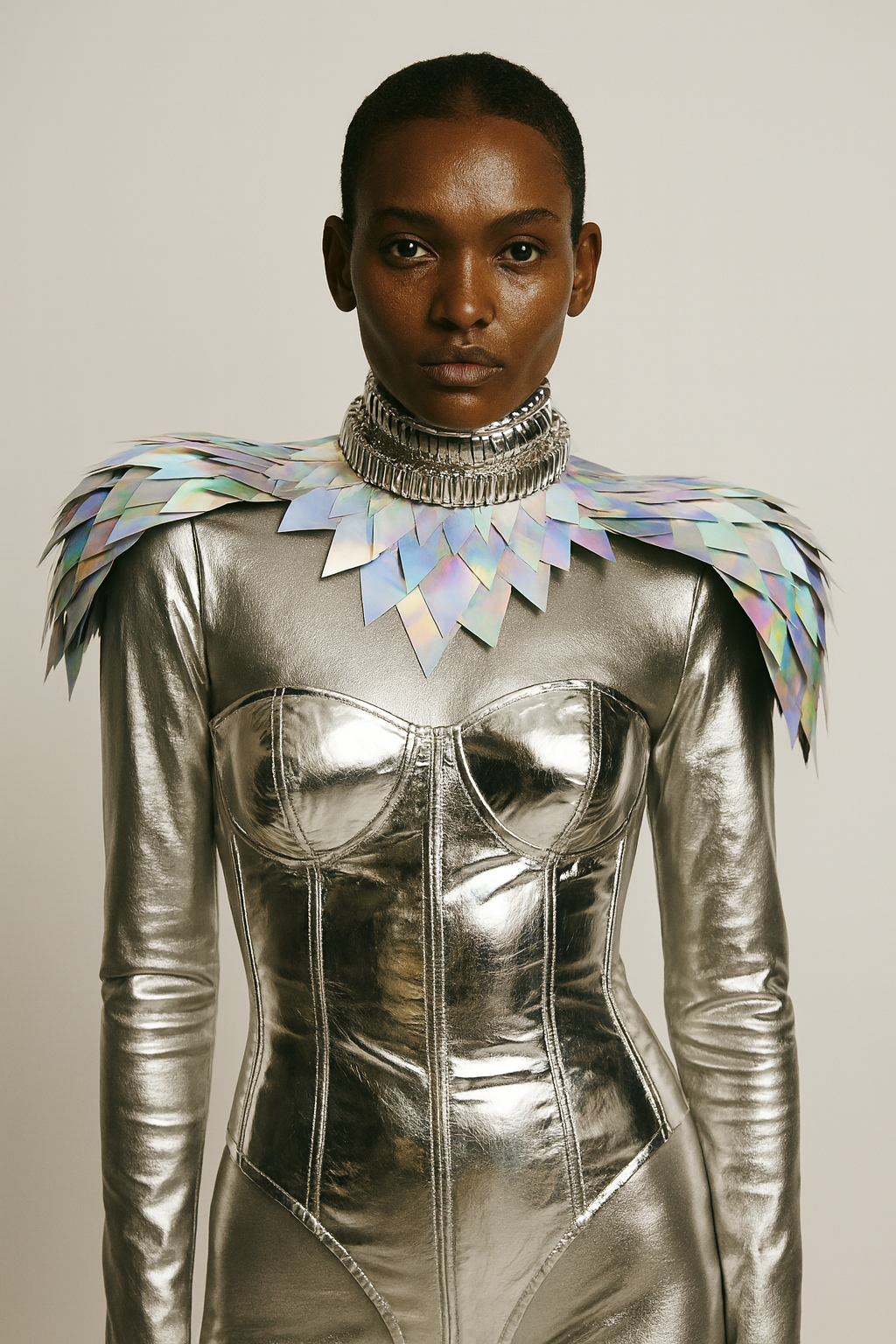 Silver Holographic Feathered Shoulder Bolero