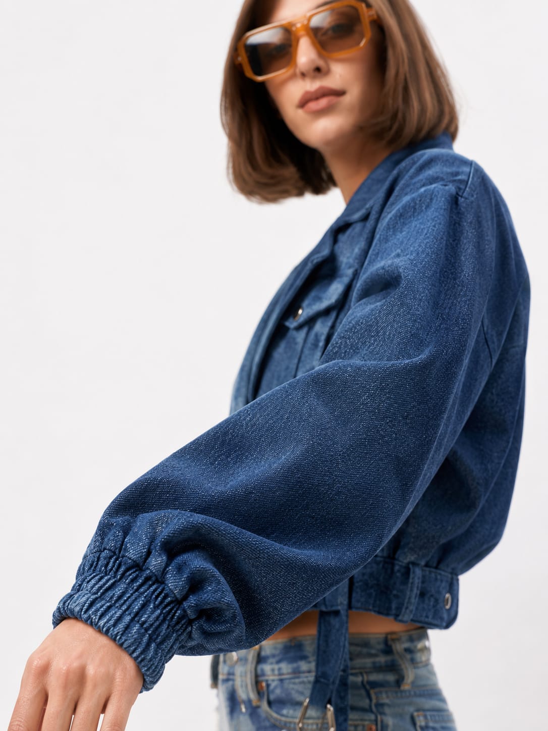 Denim Cropped Utility Jacket with Belted Waist