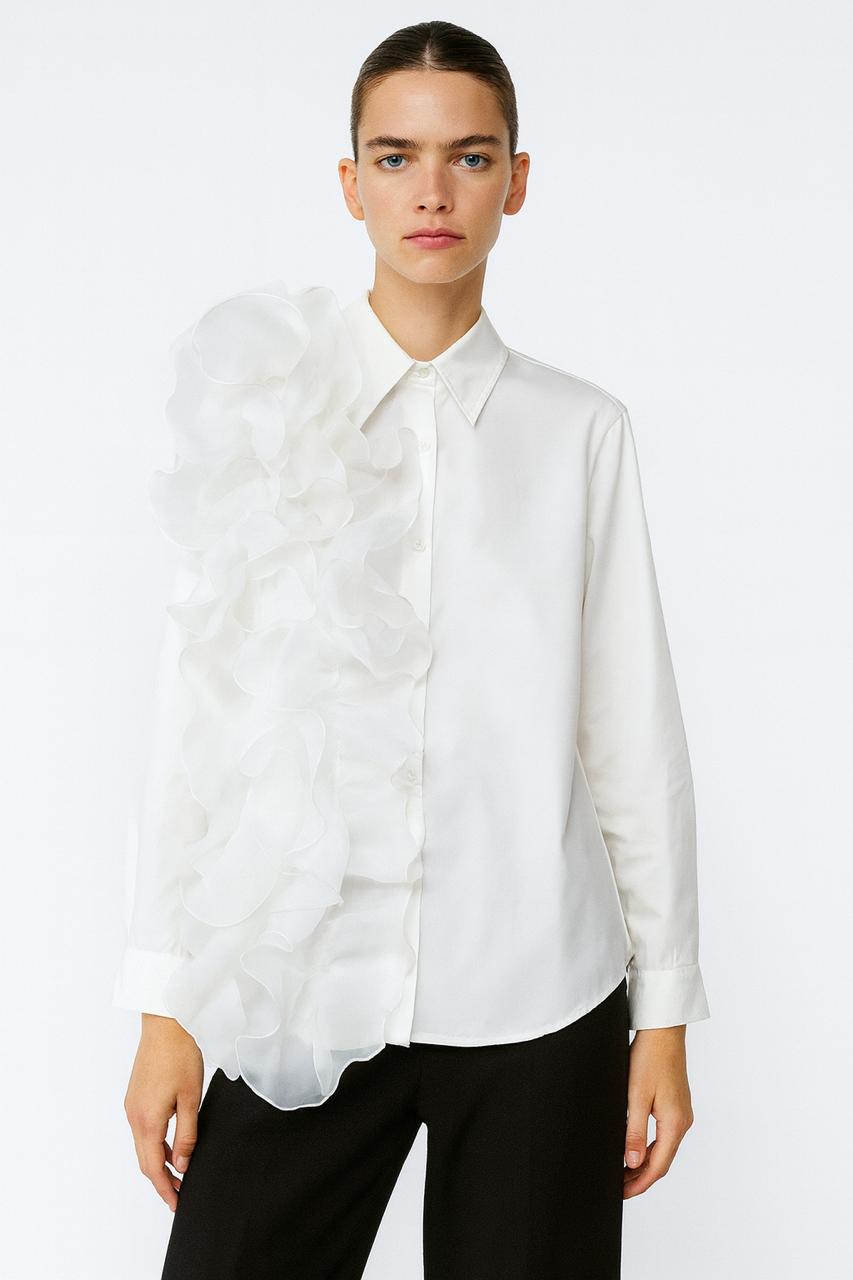 White Sculpted Ruffle Accent Shirt