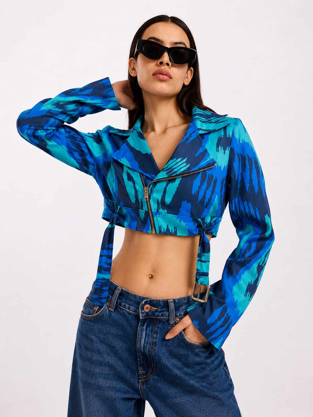 Blue Abstract Print Cropped Jacket