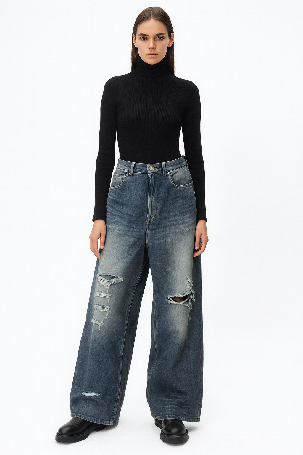 Distressed Wide-Leg Denim Jeans