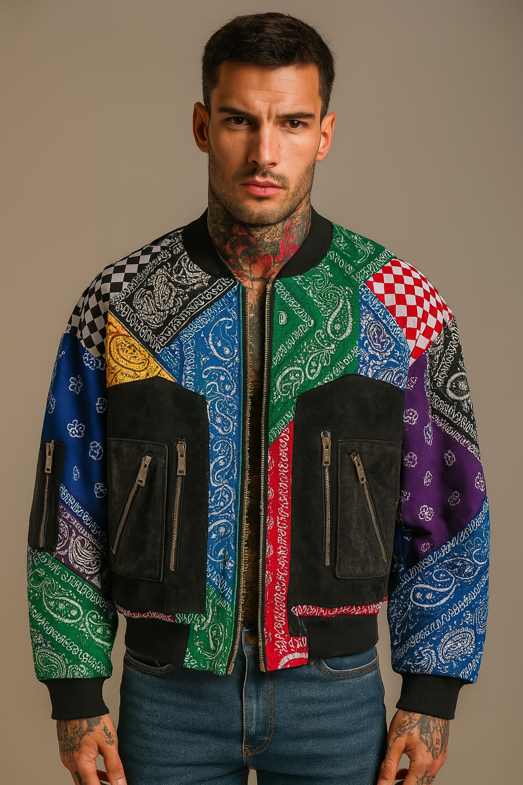 Multicolor Patchwork Bandana Bomber Jacket