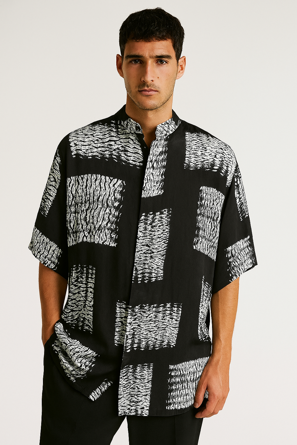 Black Abstract Print Band Collar Shirt