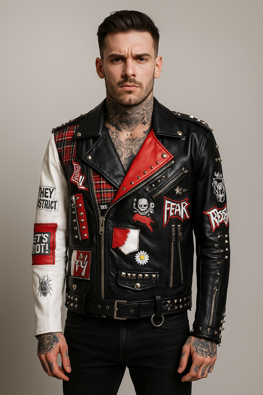 Black, Red & White Punk Patch Studded Leather Biker Jacket
