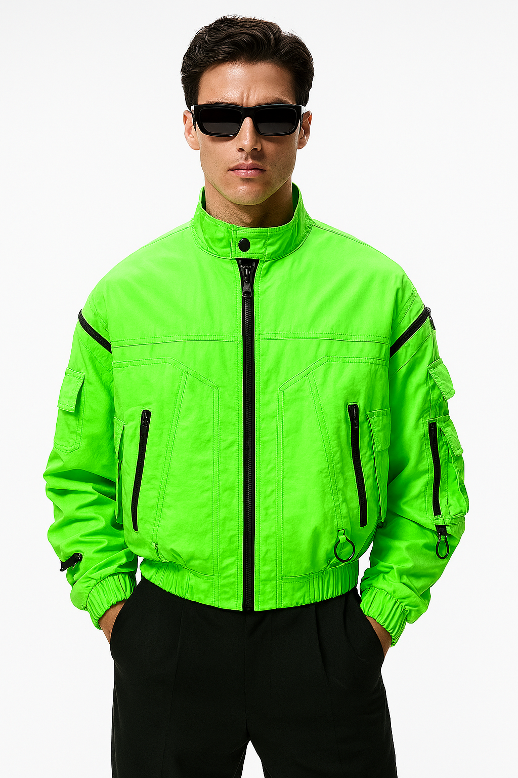 Neon Green Utility Tech Bomber Jacket