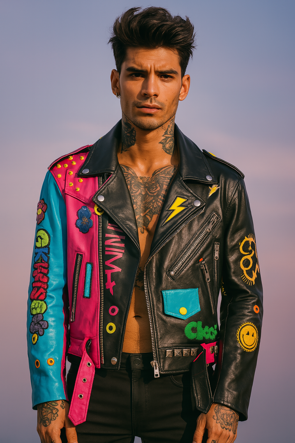 Neon Pop-Art Patchwork Leather Biker Jacket