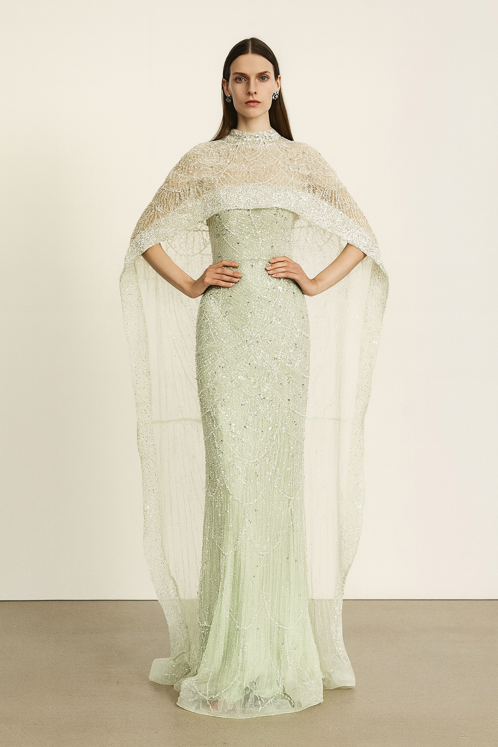 Mint Embellished Gown with Cape Overlay