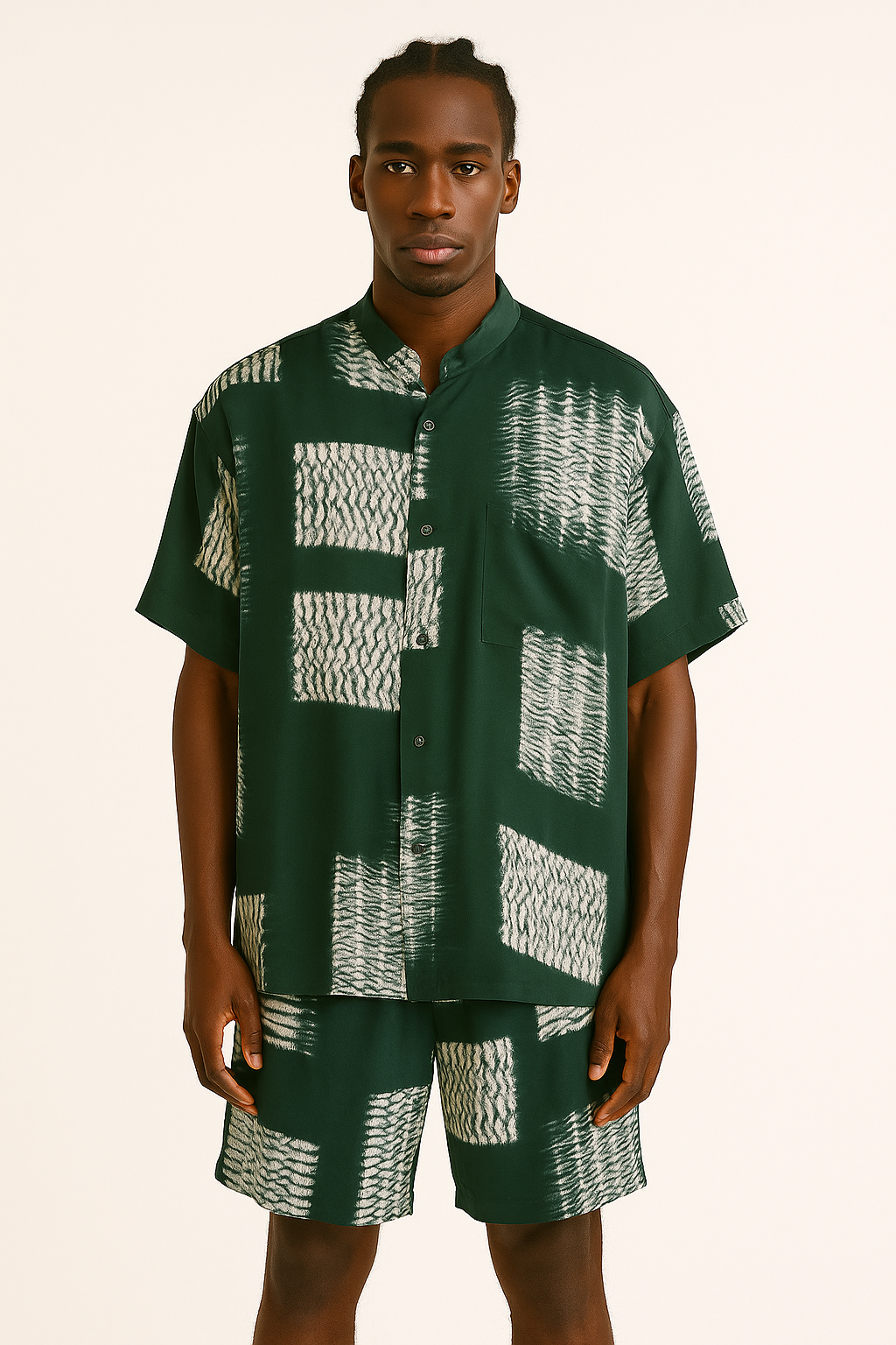 Forest Green Textured Block Short-Sleeve Co-Ord Set