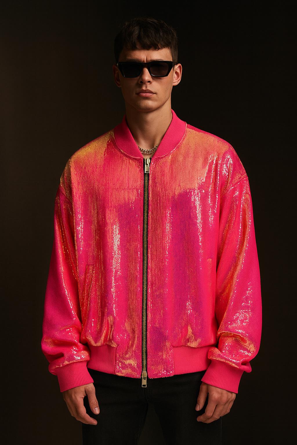 Hot Pink High-Shine Sequin Bomber Jacket